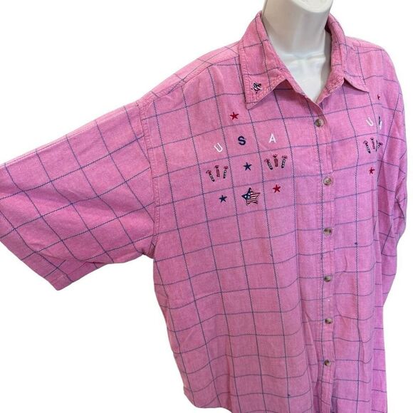 Vtg CST Blues Women’s 22 USA Fireworks Embroidered Short‎ Sleeve Button Down - Picture 1 of 8